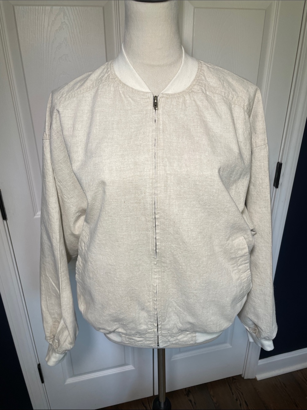 Vintage Robert Stock Cream Cotton Linen Bomber Jacket Lined Size Small